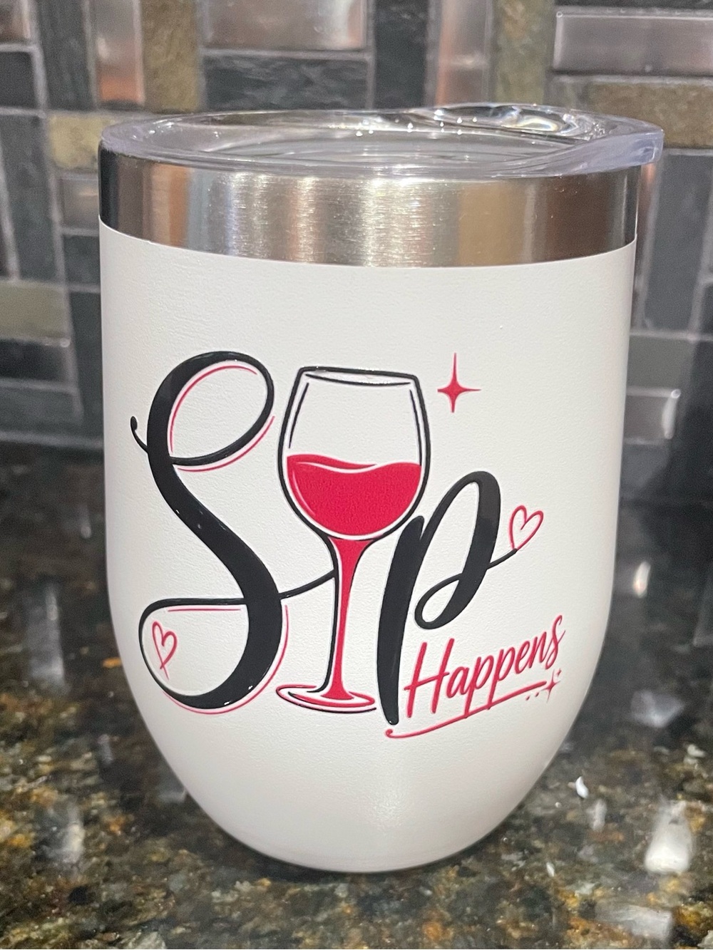 White Stainless Insulated Wine Tumbler - Sip Happens